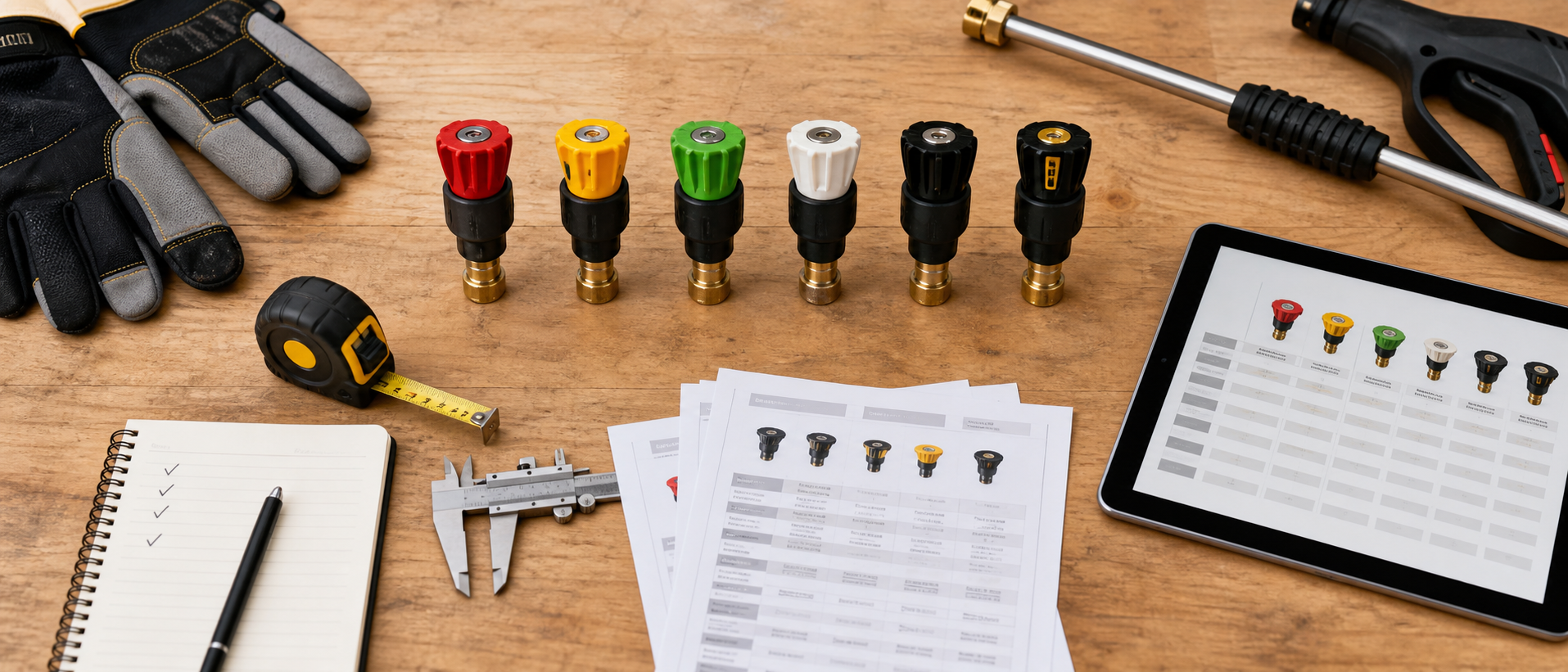 Workbench with tool samples, measuring tools, comparison notes, and a tablet