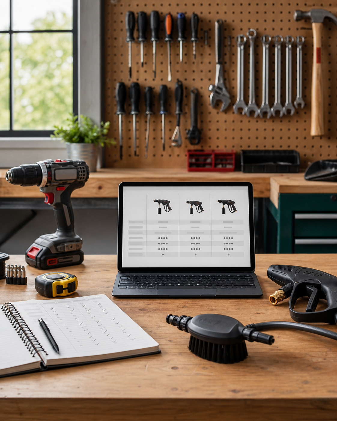 Organized workbench with tools, notes, and a product comparison tablet